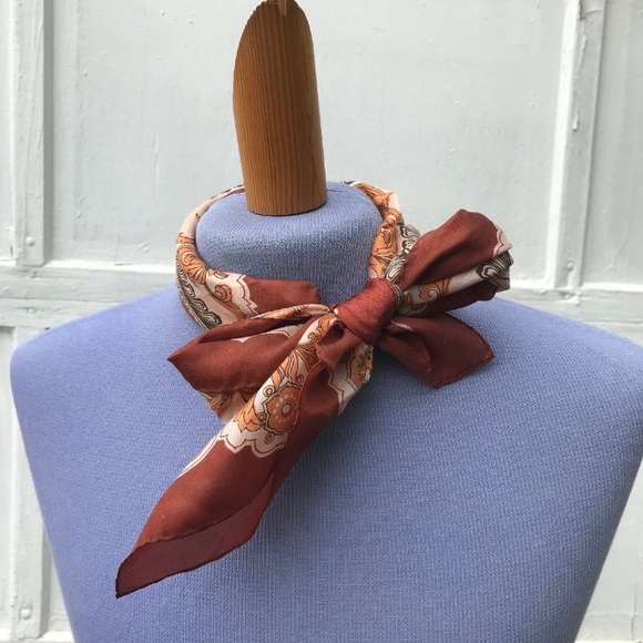 SILK ROAD MAP Orange Red and Cream Scarf 💯 % Silk - Picture 2 of 5